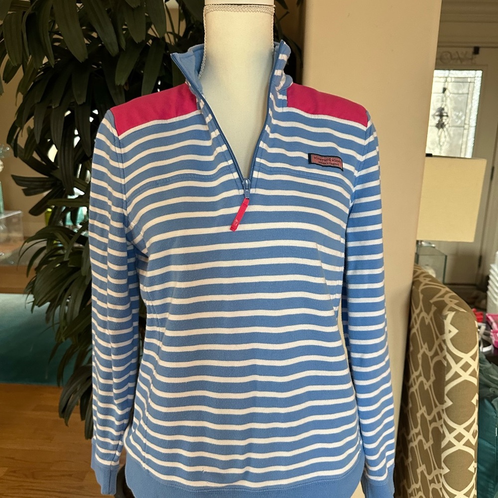 💙💗Vineyard Vines Blue & White Striped Quarter-Zip Pink Accents Sweatshirt M💙💗